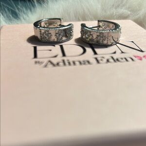 Adina Eden Clover Embossed Huggies on Rhodium Plated 3MM Hoop NWT